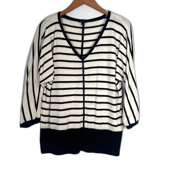 Talbots White Black Striped Vneck Pullover Knit Sweater 3/4 Sleeve Size Large - Picture 1 of 8
